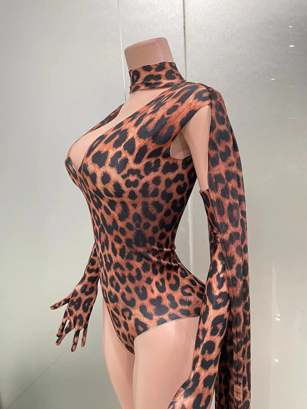 STOCK Leopard Pattern Bodysuit Gloves Top Fashion Sexy Birthday Party Bodycon Outfit Women Singer Show Performance Costume