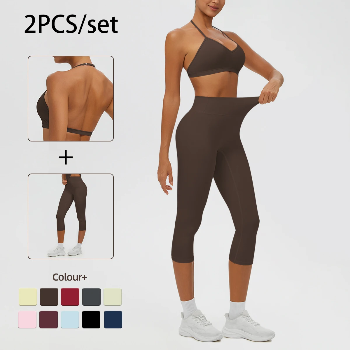 2PCS Solid Color Summer Yoga Set High Stretch Push Up Capri Pants Fitness Sports Women Leggings Sexy Backless Yoga Bra Set