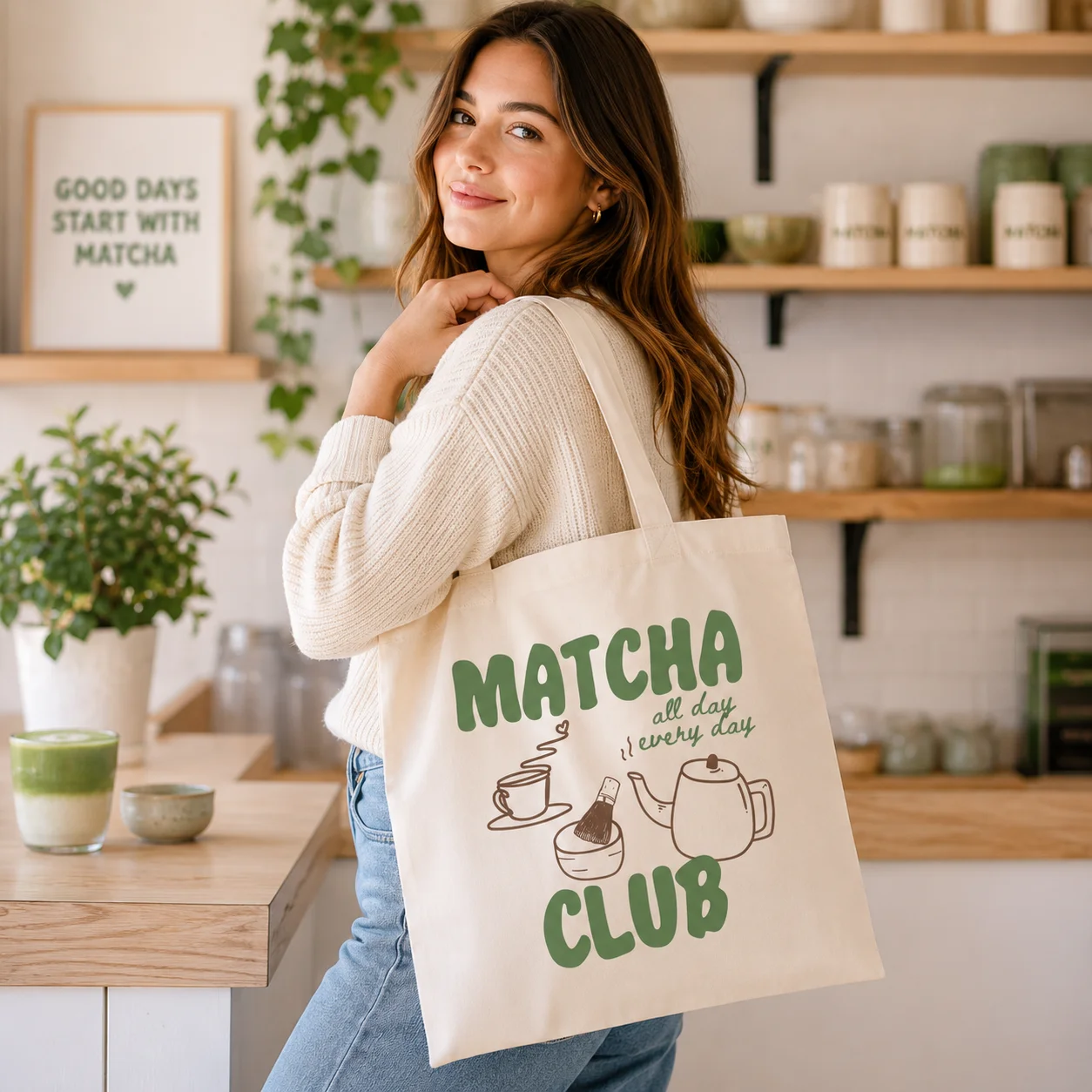 Matcha Tote Bag, Matcha Lover Canvas Bag, Green Tea Club Tote, Cute Coffee Lover Gift, Japanese Tea Aesthetic Carry Bag