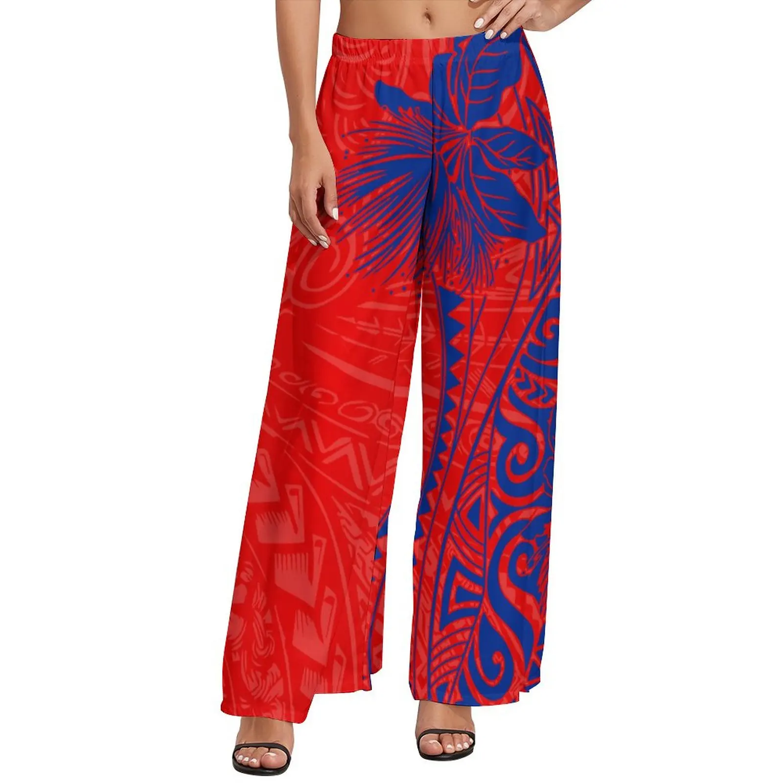 Polynesian Red Tribal Floral Pattern Color Custom Tailored Women'S Pants Elasticized Waist Soft Cropped Pants Summer Fashion