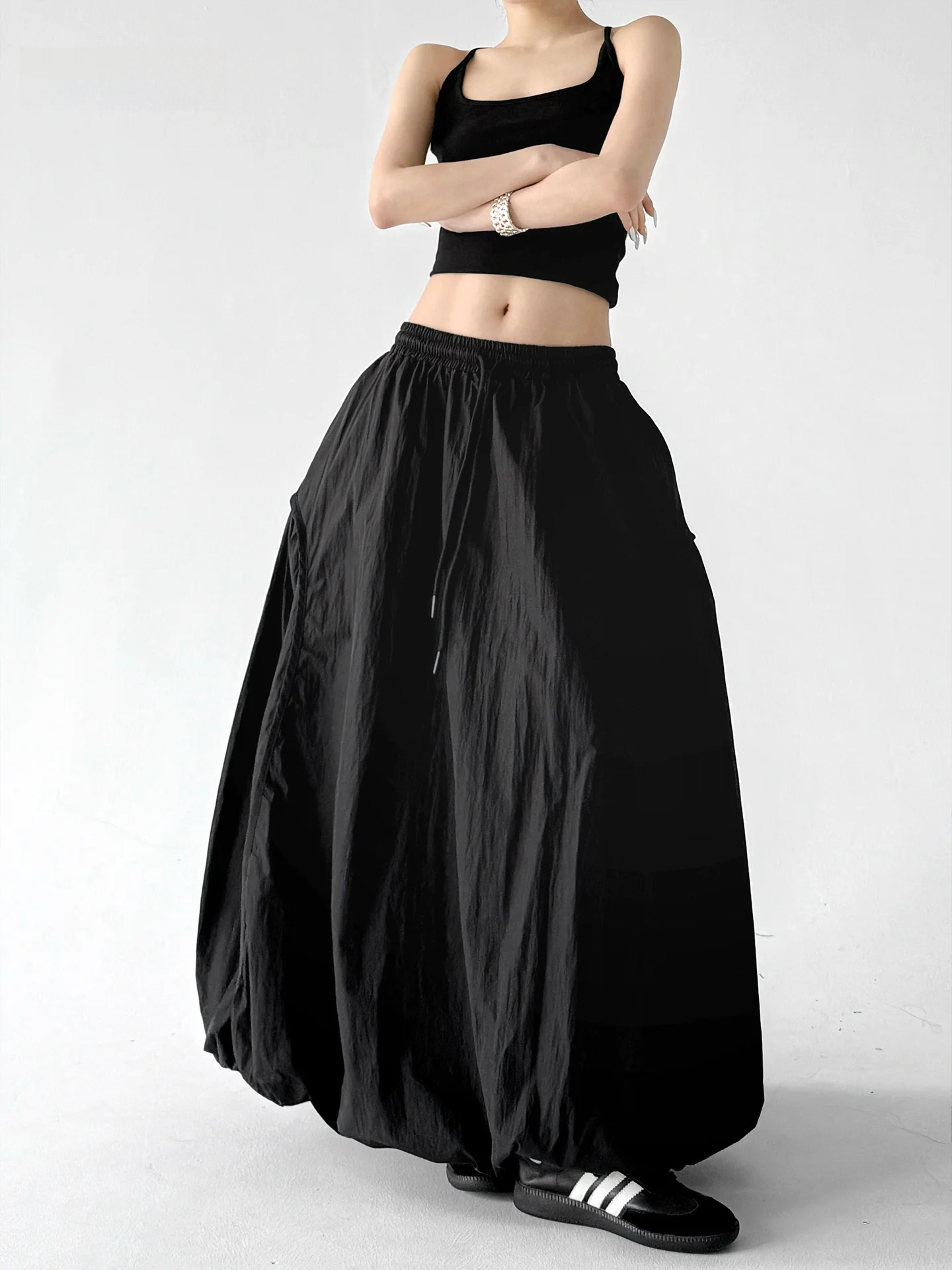 

Black High Waist Bloomer Half Skirt Women's Loose Flared Long Umbrella Skirt Spring 2026 Fashion Casual Cotton Blend Skirt