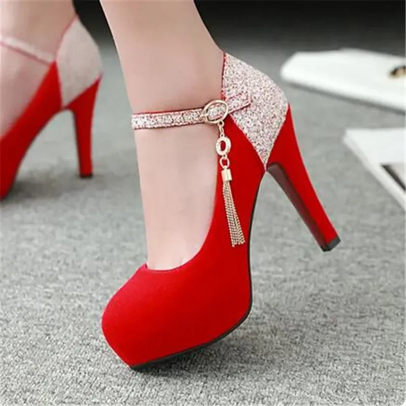 Women Bling Tassel High Heels Female Velvet Shoes Platform Bottom Pumps Ladies Evening Dress Wedding Party Shoes Big Size 41 42