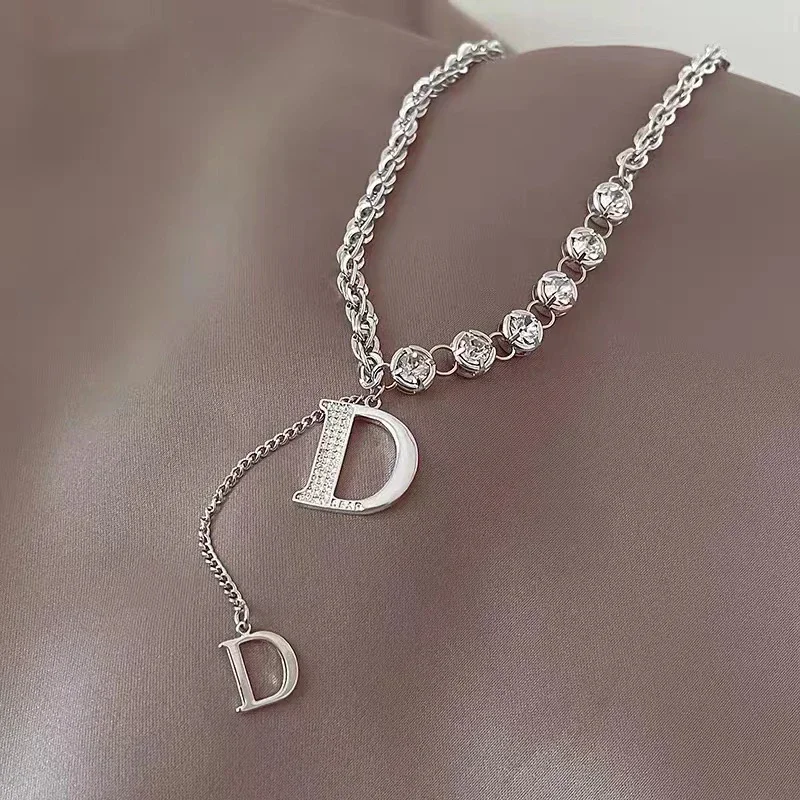 Micro Setting Zircon D Letter Pendant Long Necklace Winter Sweater Chain Fashion Jewelry For Woman Girls Party Gift image 5