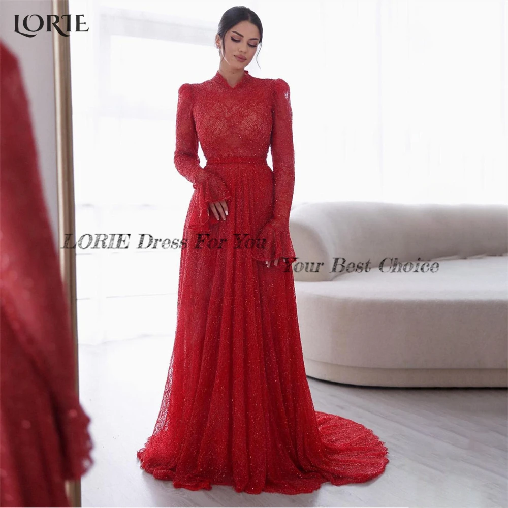 LORIE Red Glitter Lace Formal Evening Dresses For Wedding High Neck A-Line Appliques Prom Dress Muslim Bridal Party Gowns 2024