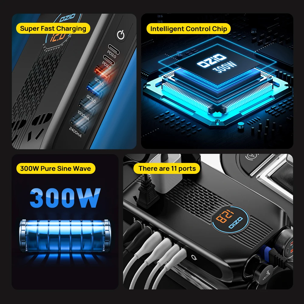 Imagem -02 - Universal Power Inverter 12v 220v Pura Onda Senoidal Converter Car Charger Usb qc 3.0 4.0 pd 3.0 Fast Charging Power Adapter 300w