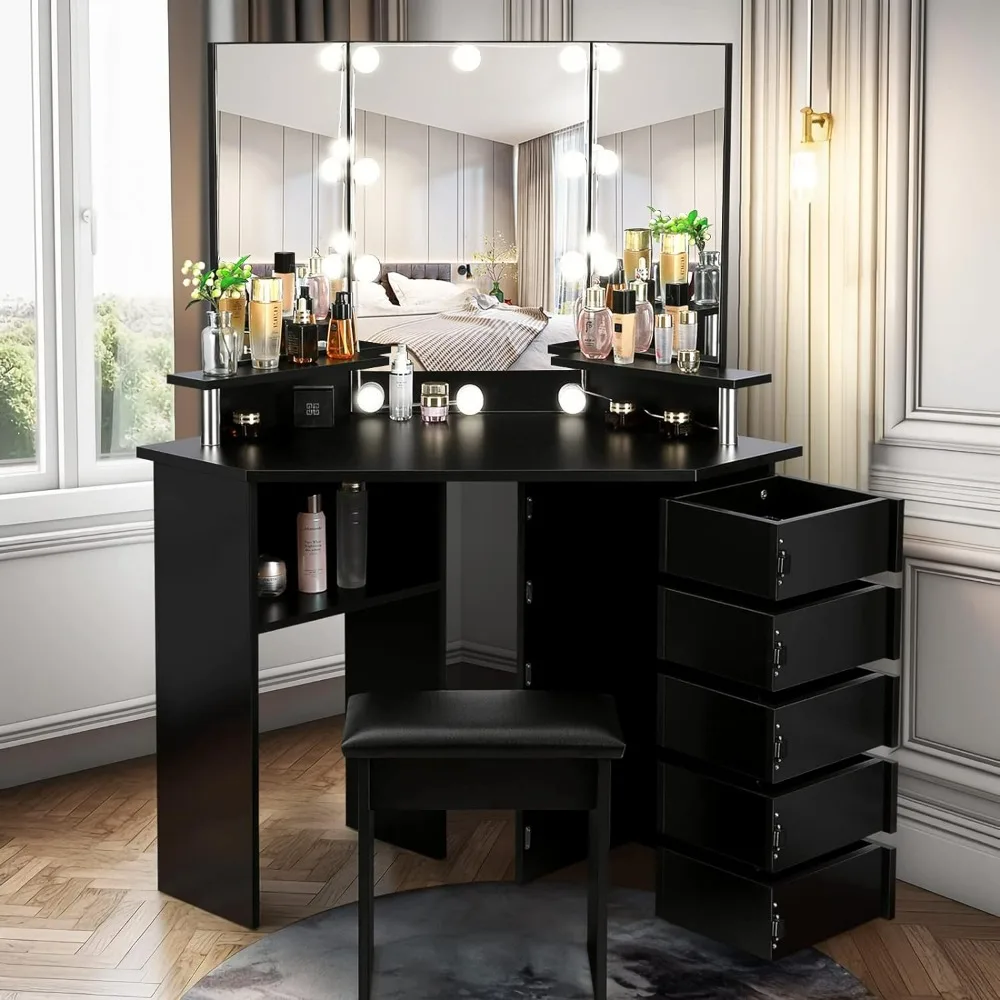 

Vanity,with 3 Color Lighting Modes Adjustable Brightness,5 Rotating Drawers, Shelves And 10 Light Bulbs,vanity Makeup Desk