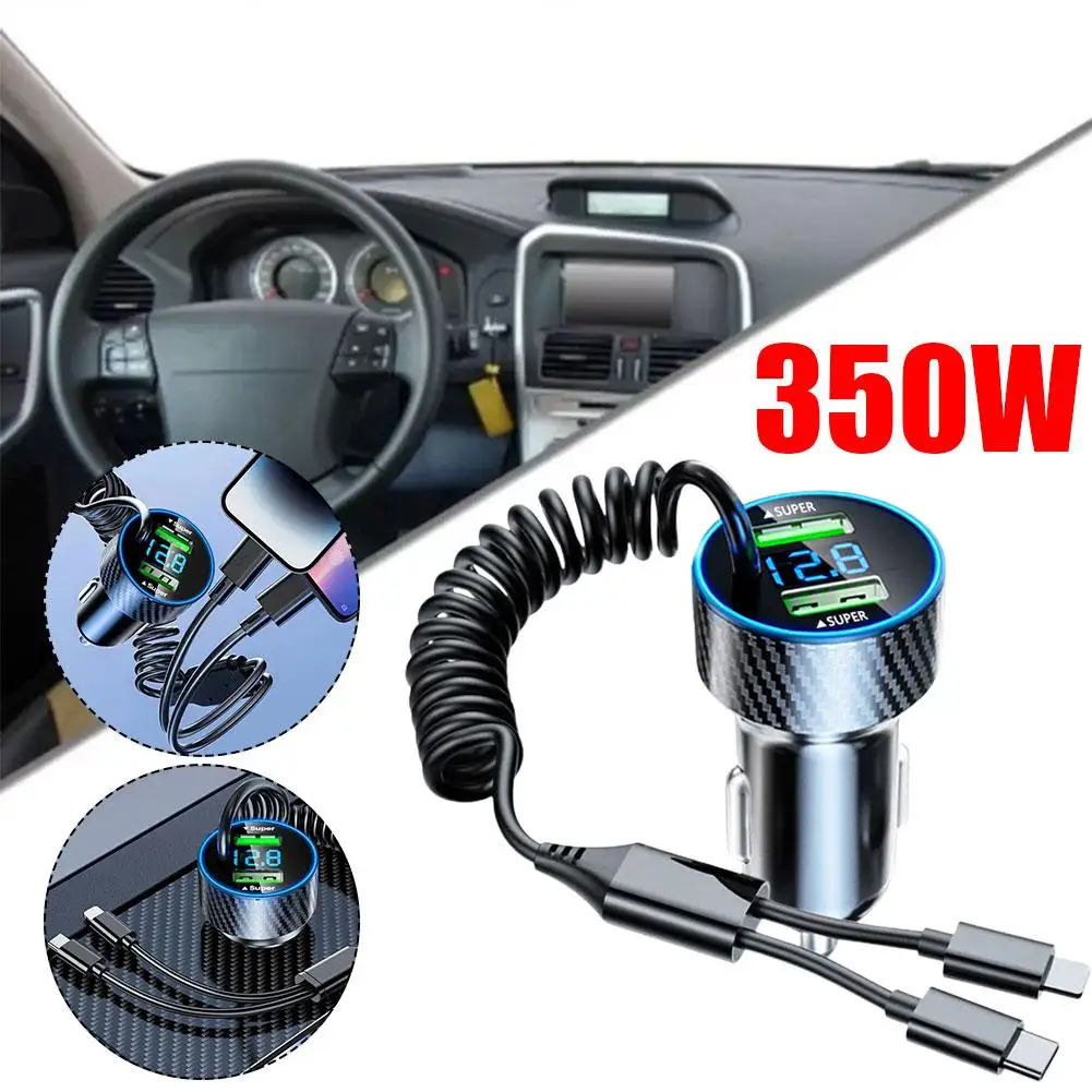 

350W USB Car Phone Charger Adapter With Retractable Cable LED Voltage Monitor 4 In 1 Super Fast Charge For IPhone Z7O7