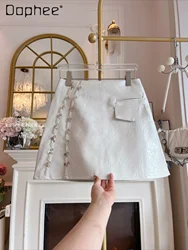 White Pu Leather Skirt Diamond Sequined High Waist A Line Short Skirt Temperament Spring Autumn Ladies Mini Skirt Commute