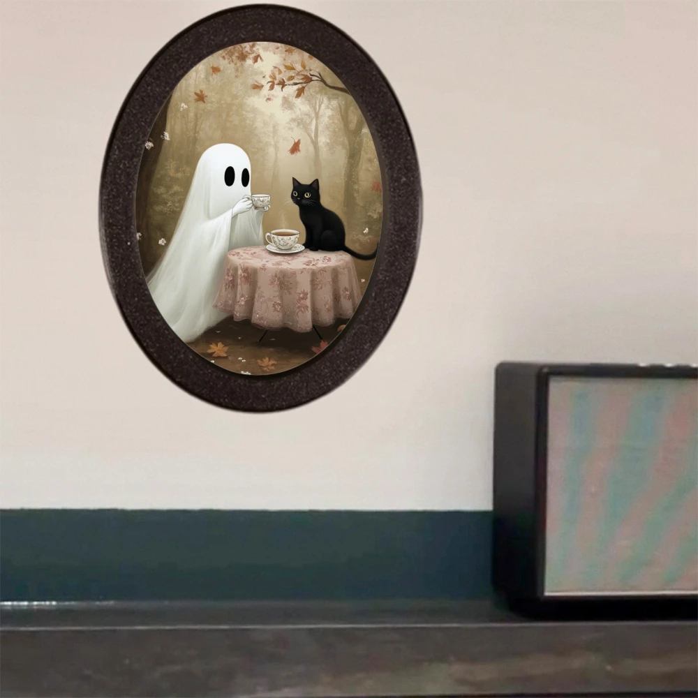 Cross-border Halloween Oval Decorative Ornament, Ghost & Black Cat Afternoon Tea in Forest Scene, Creating Warm & Healing Atmosp