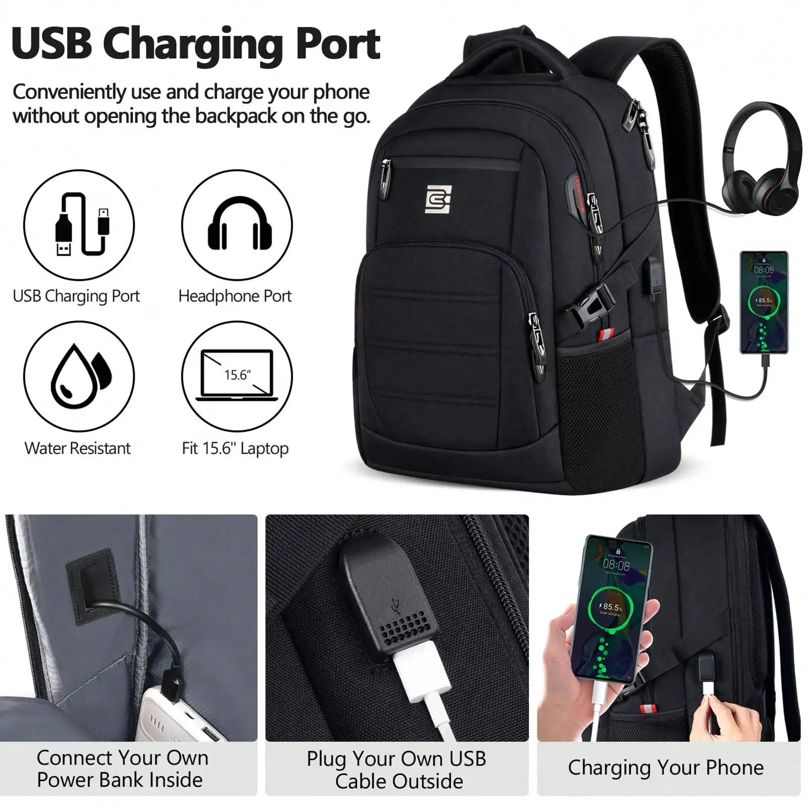 Bagsure Travel Laptop Backpack, Business Laptop Backpack With USB Charging Port, College Bag For Men & Women Fits 15.6 Inch Laptops