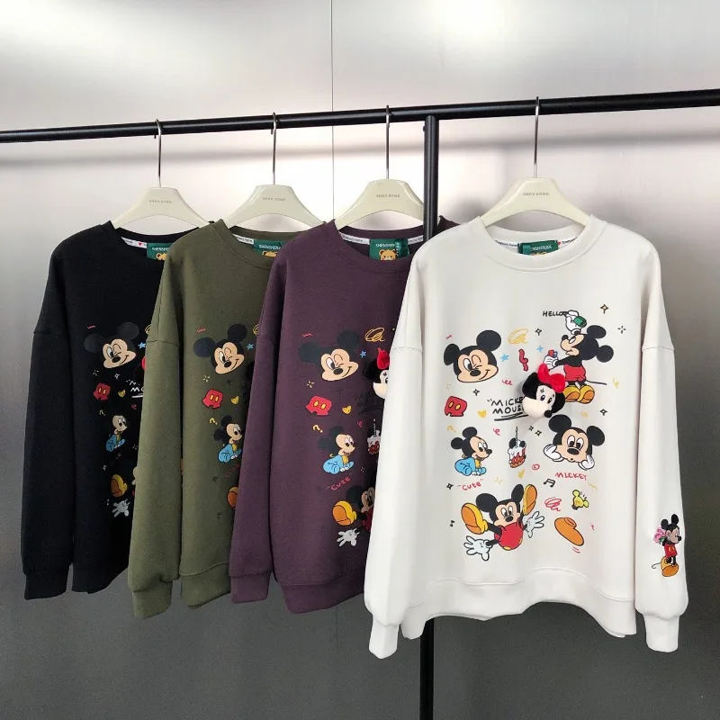 American Retro Cartoon Print Loose Versatile Pure Cotton Top Sweatshirt Pullover Heavy Embroidery Cartoon Long Sleeves Sudaderas