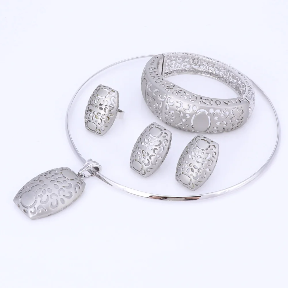 Bridal Jewelry Sets High Quality Silver Color Jewelry Set Trendy Necklace Earrings Bracelet Ring Set For Women Dubai Jewelry Set