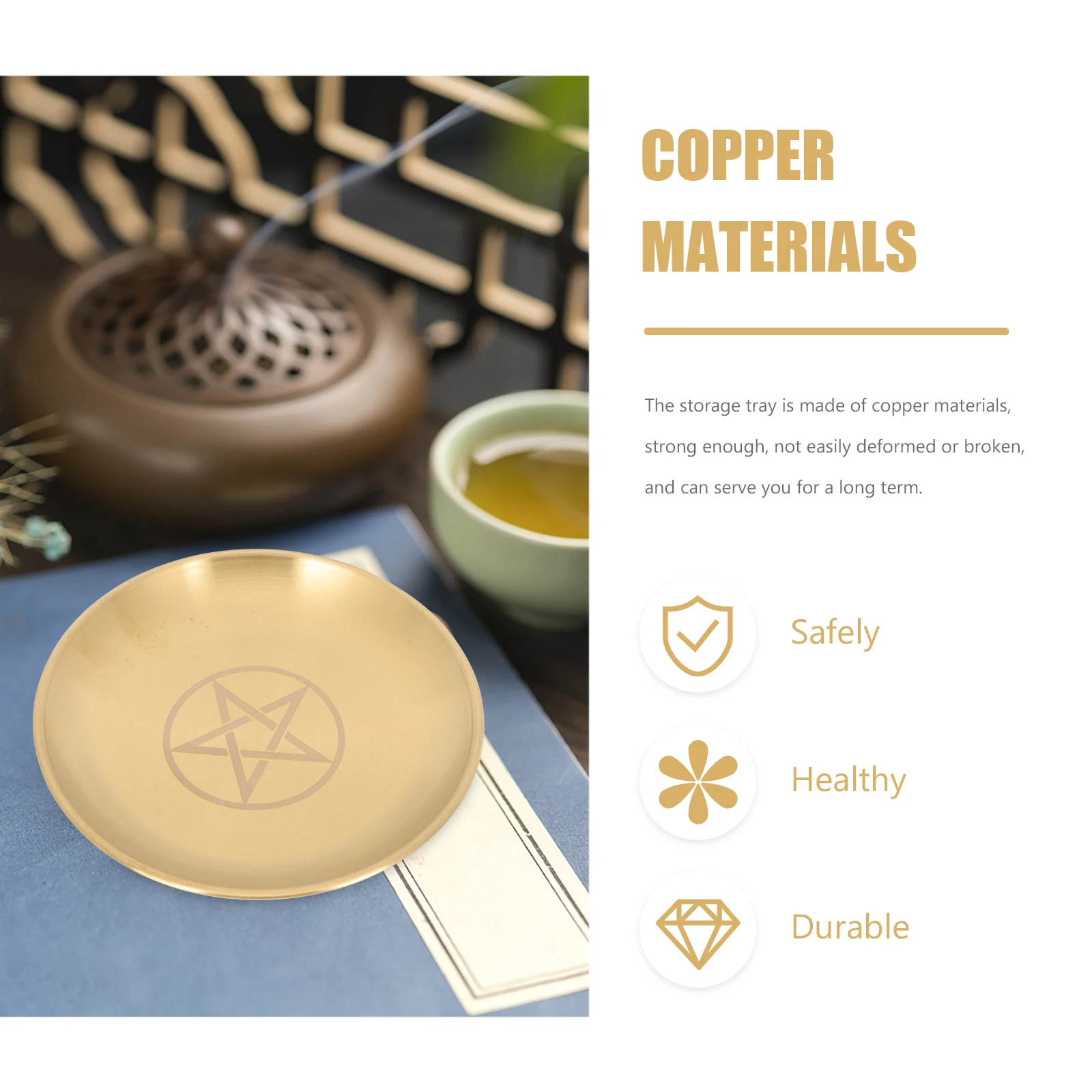 

Pentagram Copper Altar Tray Round Metal Plate Storage Decorative Ritual Holder Display Tray Table Centerpiece