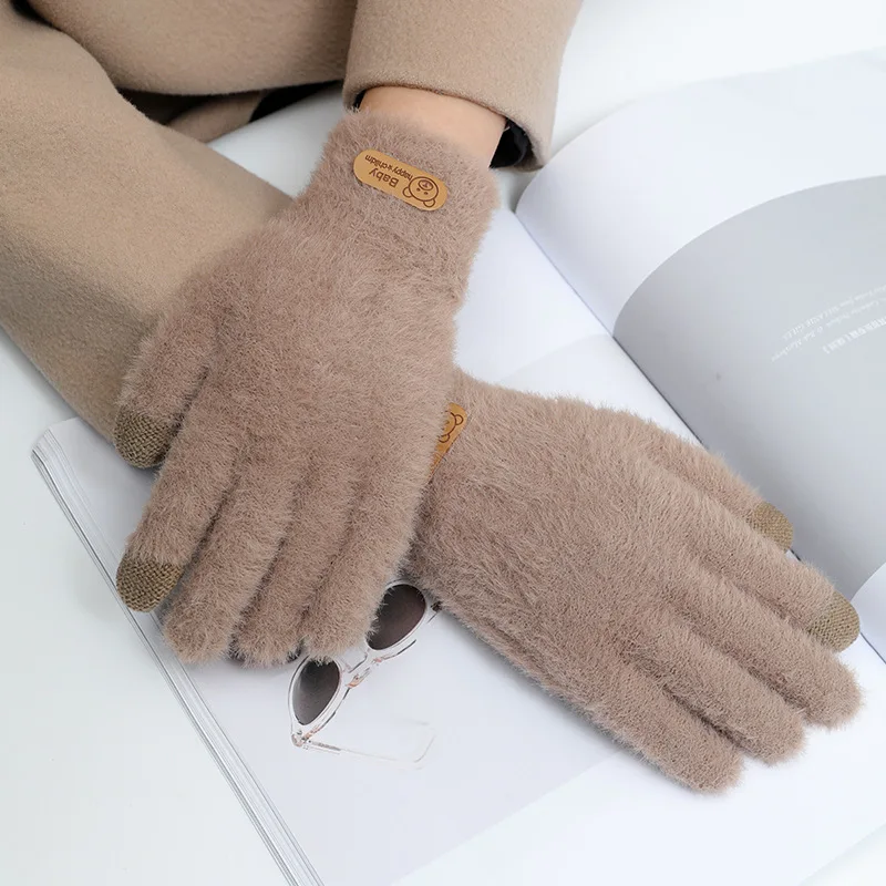 Guantes gruesos y cálidos de terciopelo para mujer, alta elasticidad, felpa suave y agradable para la piel, color sólido, tejido a prueba de viento para estudiantes, Otoño e Invierno