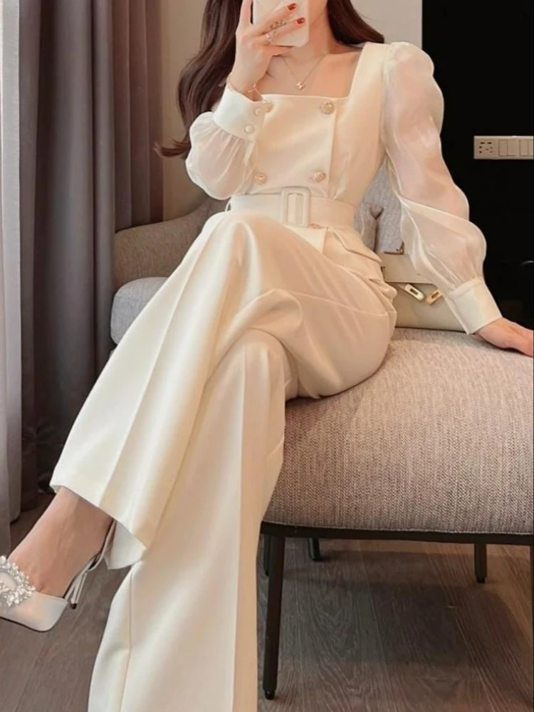 Sets Women Chic Korean Style Spring New Graceful Square Collar Tops Simple Wide Leg Pants Temperament Office Ladies Two Pieces