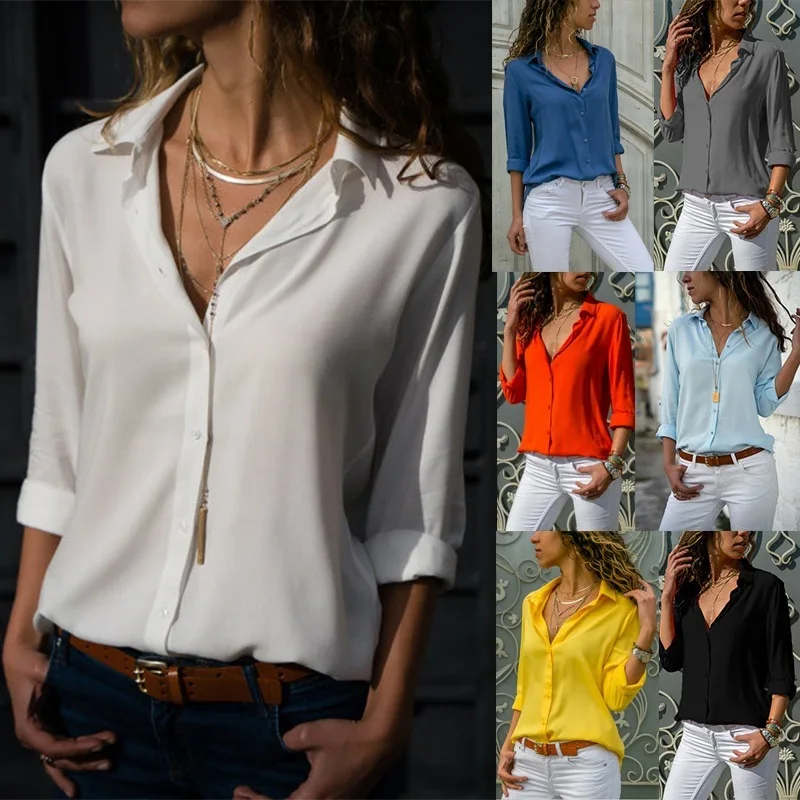 

Women's Chiffon Shirt Solid Color Long Sleeve Lapel Button Elegant Top Office Casual Basic Shirt Blouses for Women