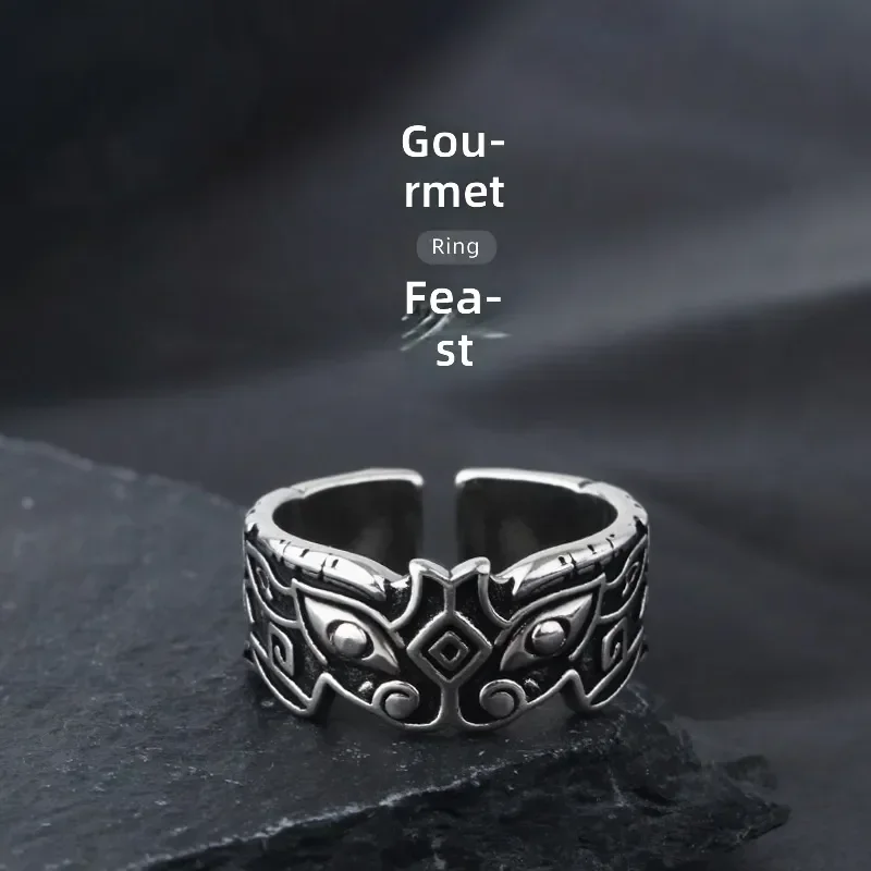 Retro Taotie Beast Ring Trendy Men Fashion Anti Thai Silver Open Ring Personality Hip Hop Style Men Single Ring Jewelry