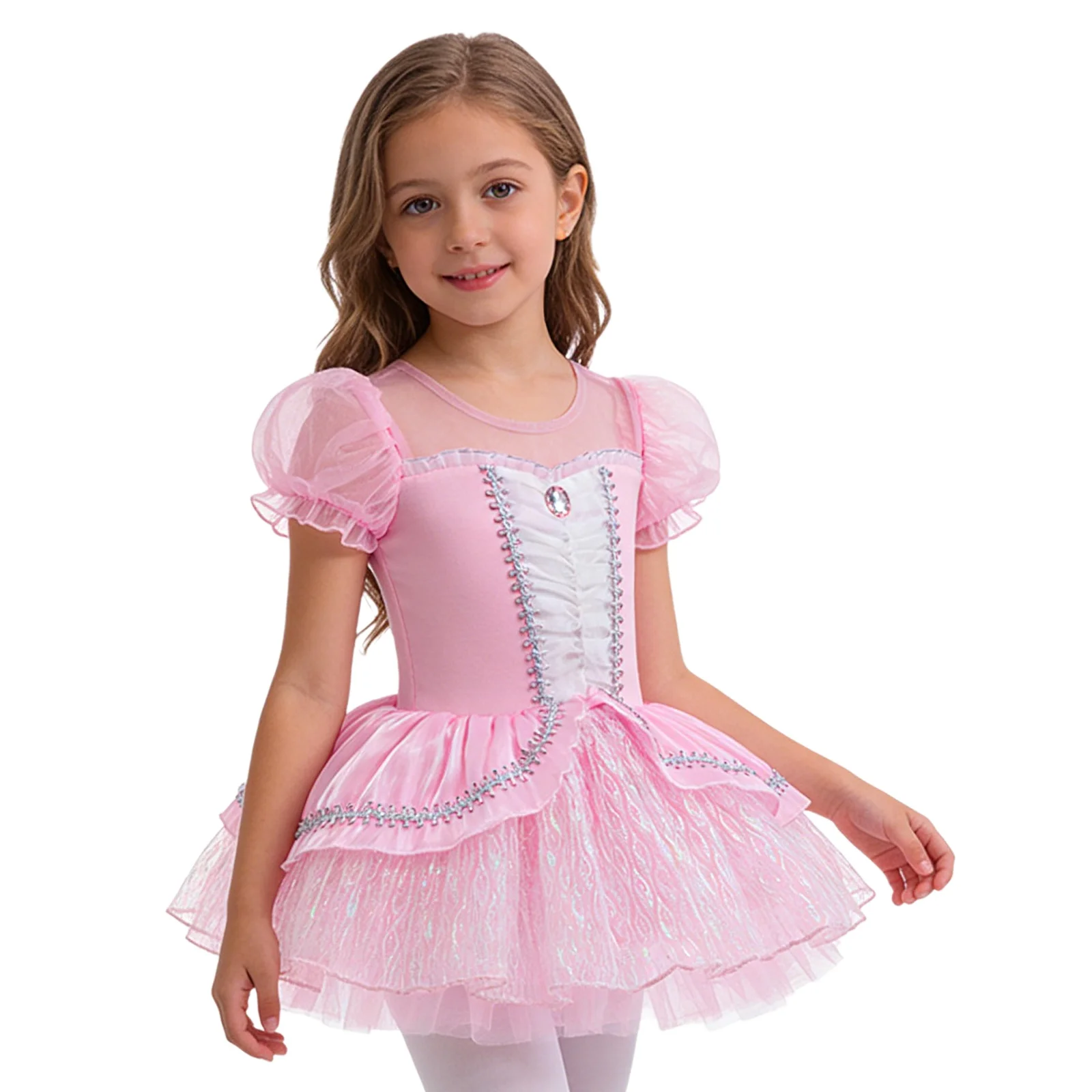 

Girls Ballet Tutu Dress with Built-in Briefs Short Puff Sleeve Tulle Stage Dance Costume for Contest Recital Party Lightweight