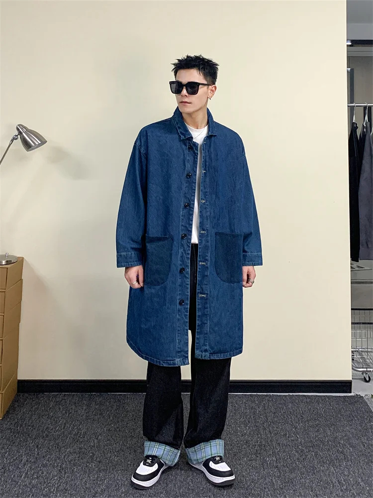 

Casual Mid-Length Men's Denim Jaet Patchwork ket Trendy Brand Loose Over-Knee Workwear Coat Autumn Season Long Sve