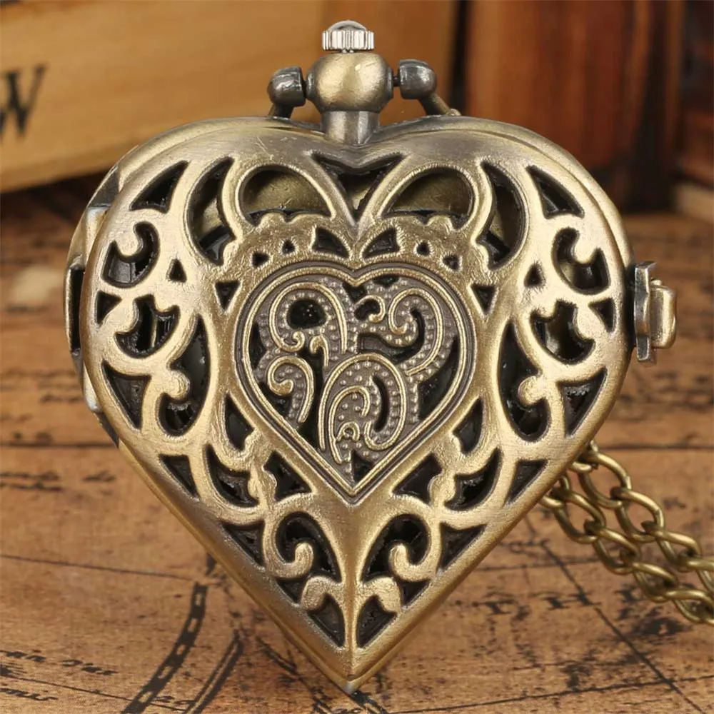 Reloj de bolsillo con forma de corazón para mujer, elegante, Vintage, plata, negro, bronce, collar, colgante, regalo de cumpleaños