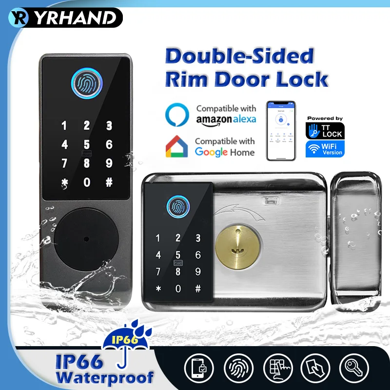 YRHAND TTLock WIFI Fingerprint Waterproof Outdoor Gate Double Passcode work with Aleax Rfid Card Keyless Smart Door Lock