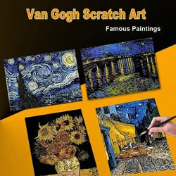 4Pcs Van Gogh Engraving Art & Craft Set, DIY Sketch Card Scratchboard ,Cafe Terrace at Night, Sunflower Starry Night