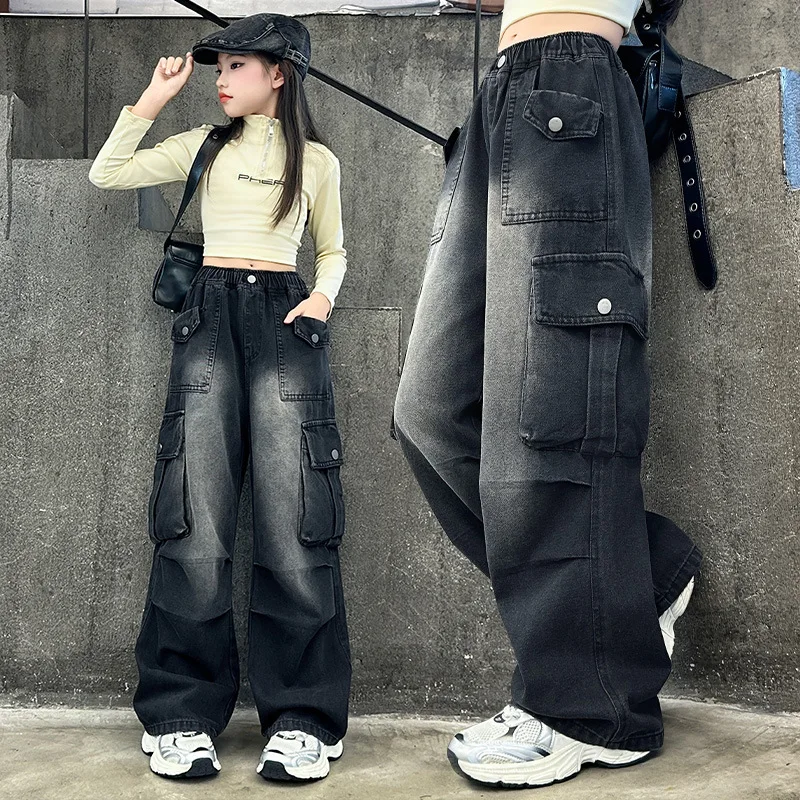 Kids Design Luxury Straight Leg Cargo Jeans with Multi Pocket for Teens Girl Cool Denim Pants Tweens Child Casual Jeans Trousers