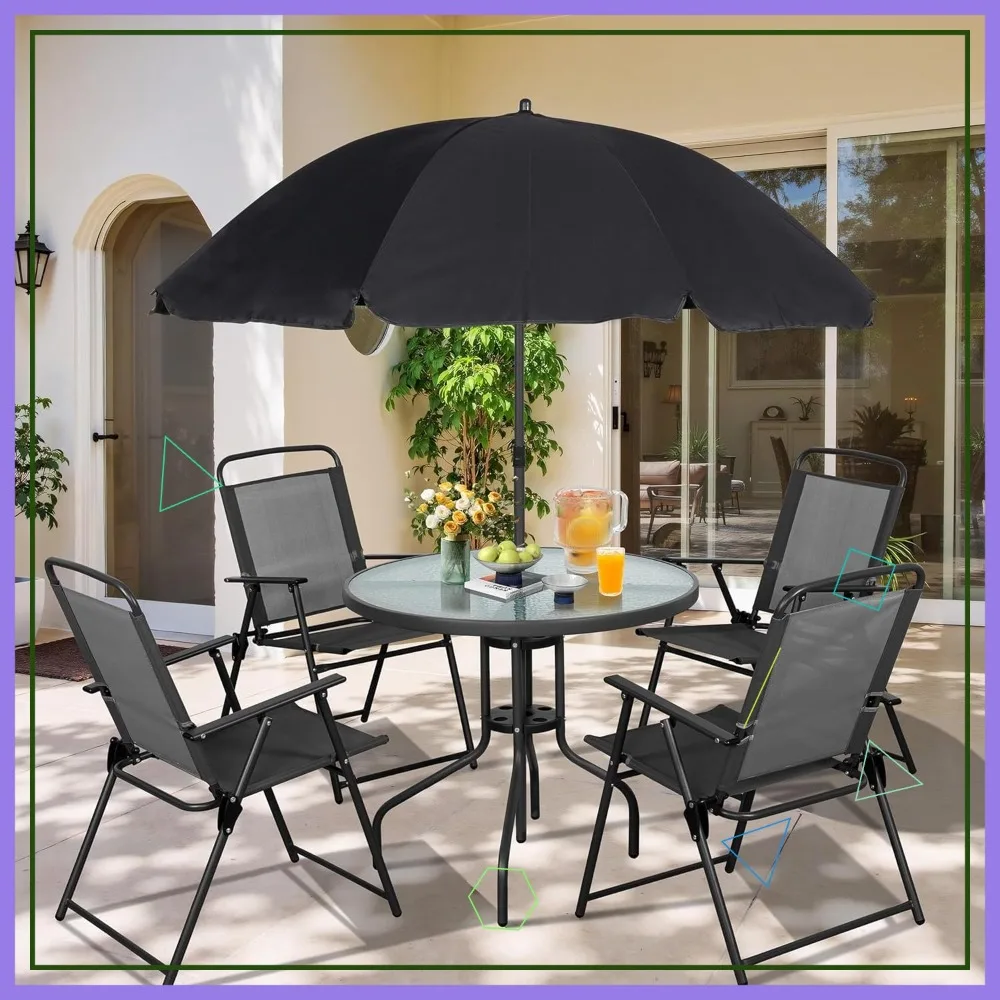 

6-Piece Folding Patio Dining Set with Umbrella, Outdoor Metal Table & Chairs for Garden, Deck, Backyard