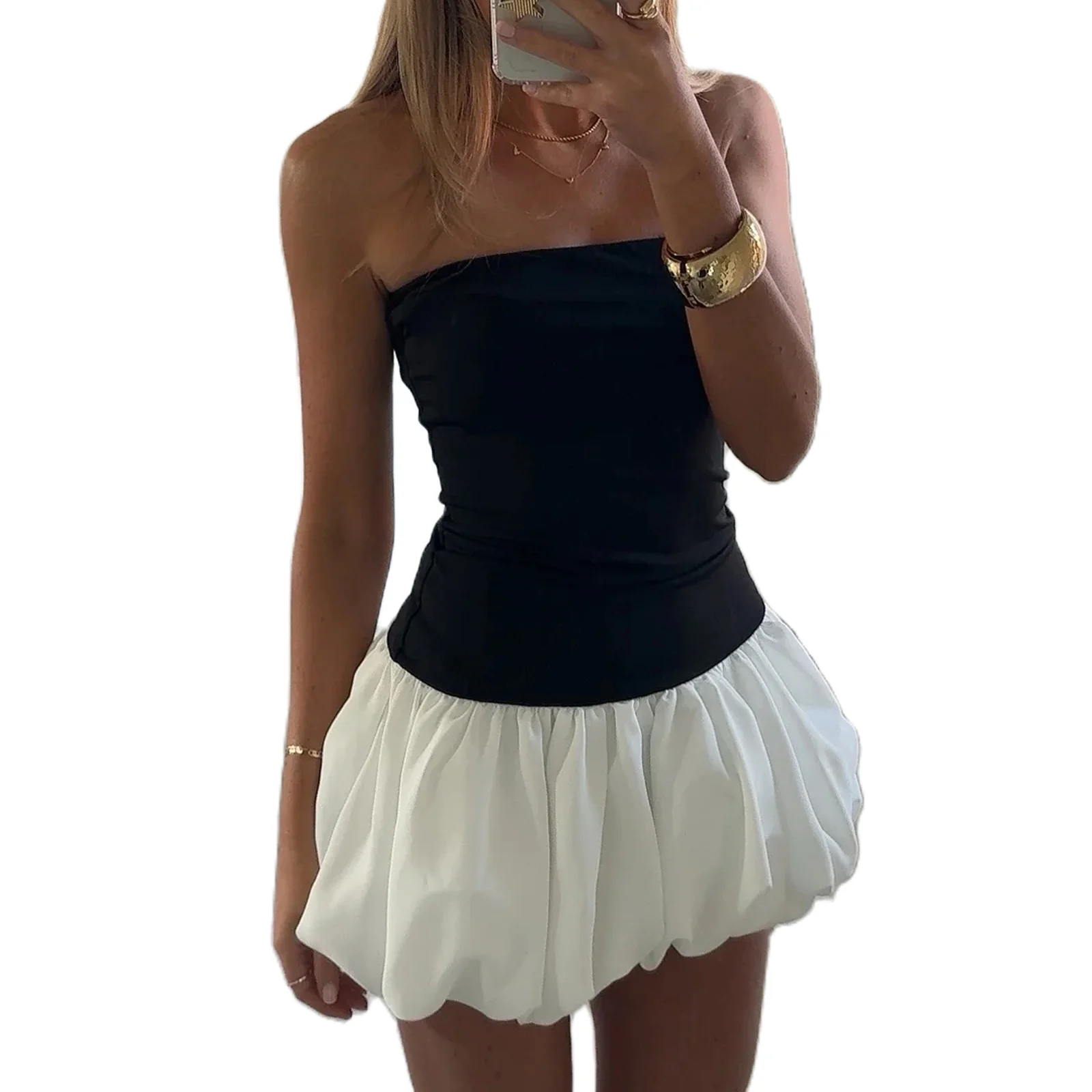 

Women Strapless Bubble Mini Dress 2024 Summer Fashion Solid Backless Sleeveless Bandeau Puff Bubble Party Dress for Cocktail