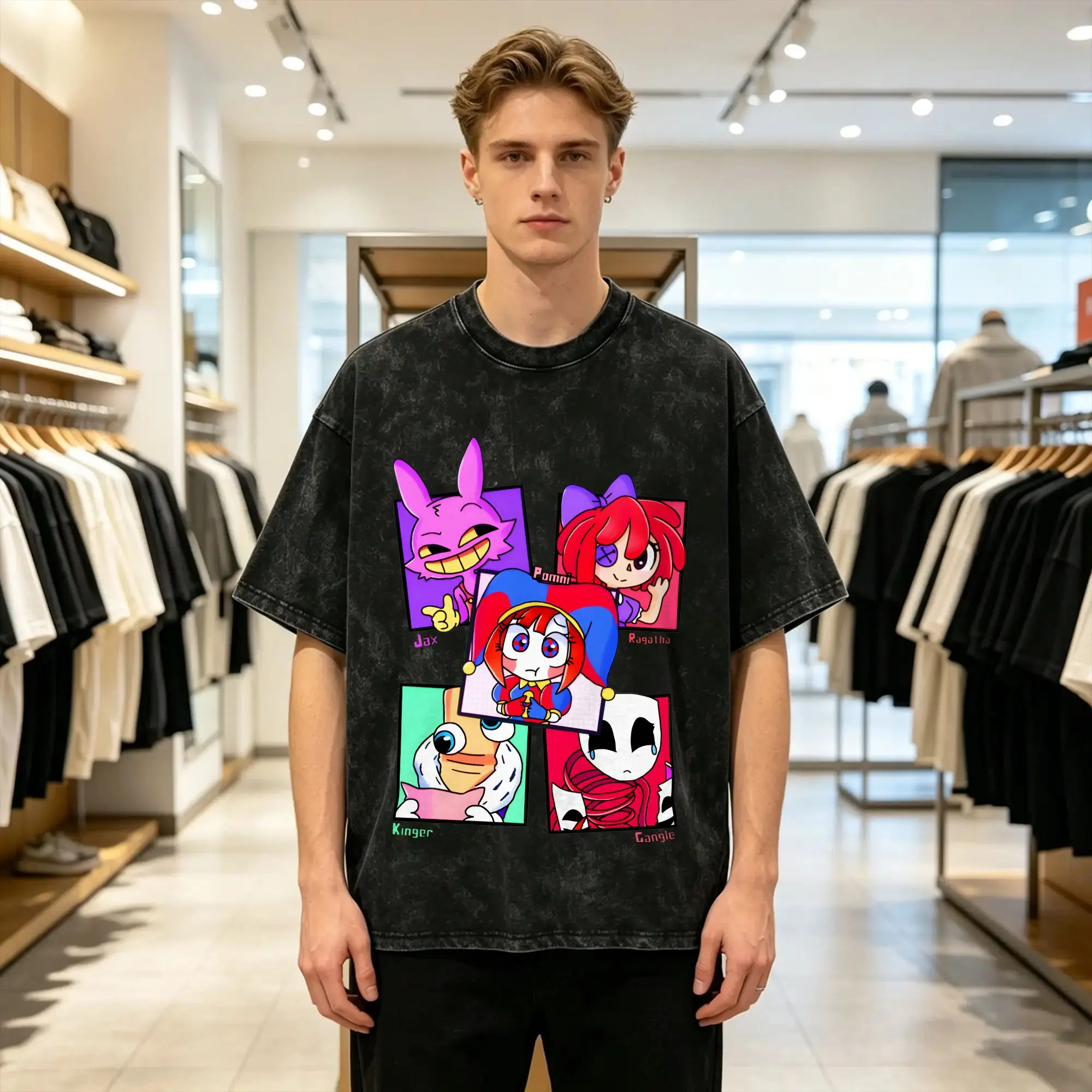 Men's T Shirt Cartoon Digatal Circus Washed T Shirts Hipster Characters  Summer Tee Shirt Streetwear Print Cotton Tops Gift