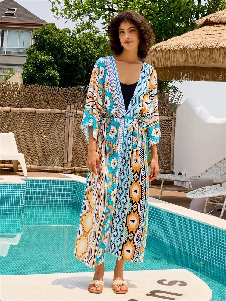 Robe Kimono Chic imprimée pour femmes, grande taille, ceinturée, tunique, Sexy, Cover-up pour les maillots de bain, Robe de maison, vacances, plage, tenue de fête, Q1414, 2024
