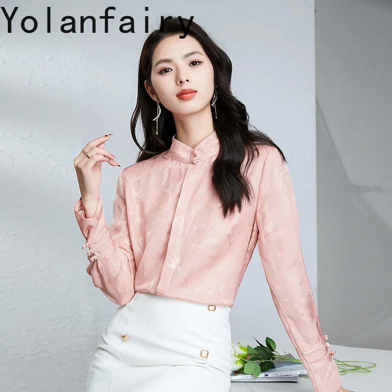 YOLANFAIRY 라이트 럭셔리 100% 멀 베리 실크 셔츠 여성 봄 우아한 2025 긴 소매 셔츠 탑 핑크 셔츠 여성 의류