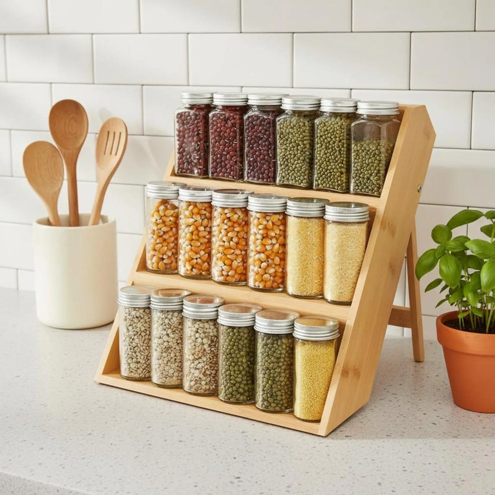 Adjustable Bamboo Kitchen Spice Shelf Countertop Seasoning Rack Stable Structure for Home and Office