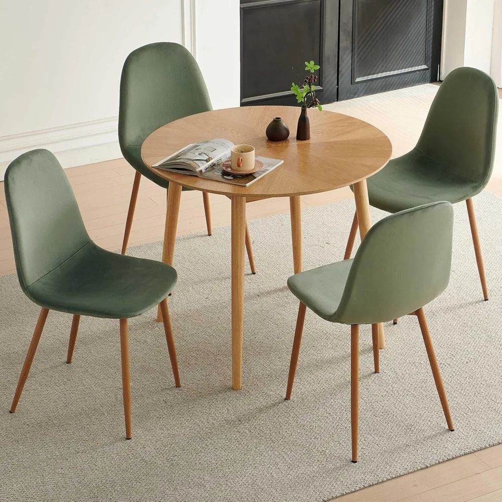 5-Piece Compact Round Dining Table Set, Velvet Dining Room Chairs and Wooden Table,Manufactured Wood Top with Nature Wood Veneer