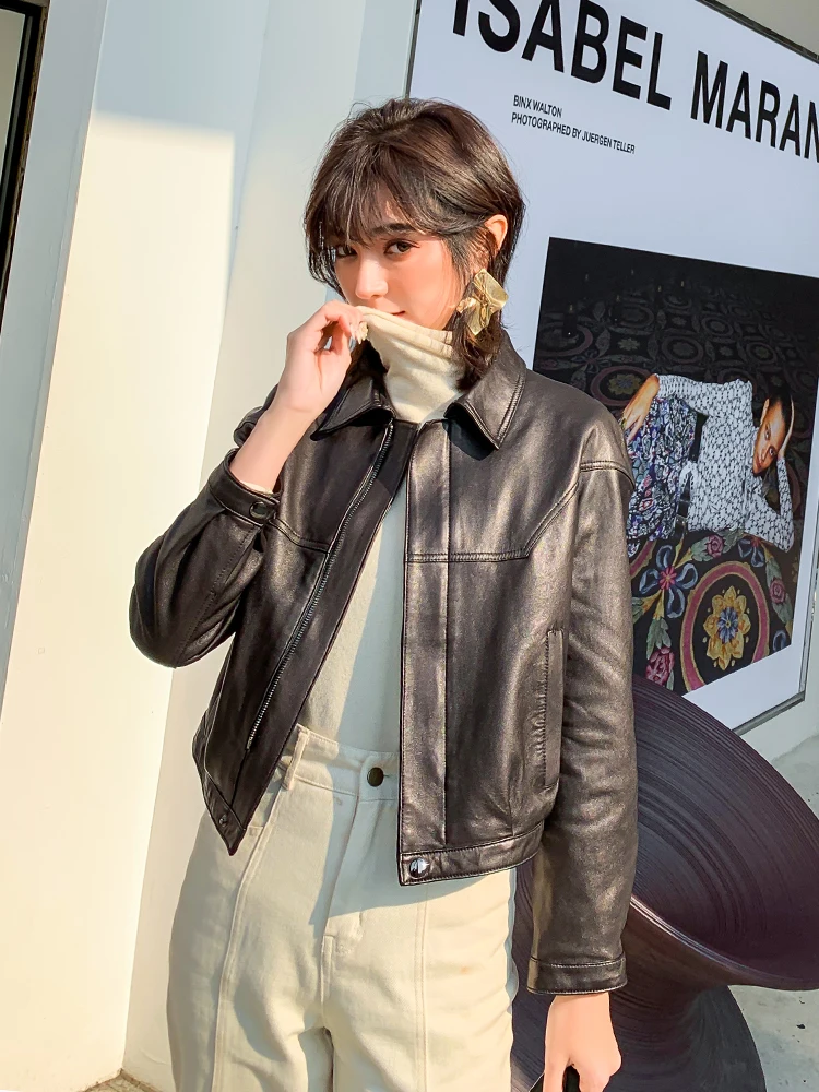 Chaquetas de Motocicleta Clásicas de Cuero Genuino Negro para Mujer, Primavera Otoño, Chaqueta Corta Simple y Elegante de Piel de Oveja Real, Campera de Cuero