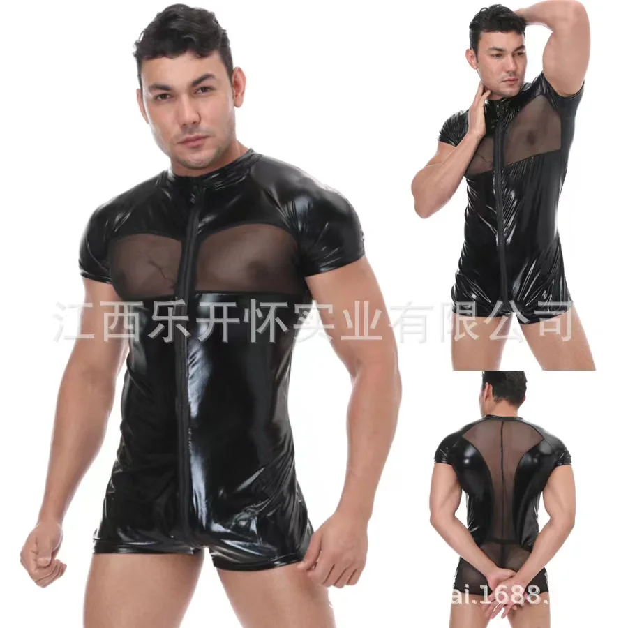 Mens Underwear Jumpsuits Patent Leather Catsuit One-piece Bodysuit Clubwear Stage Leotard Zipper Open Crotch Wrestling Singlet