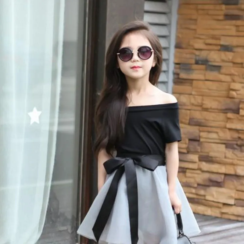 

Новый летний комплект из 2 предметов для девочек в корейском стиле, футболка с круглым вырезом и короткими рукавами с галстуком-бабочкой и пышной юбкой из тюля