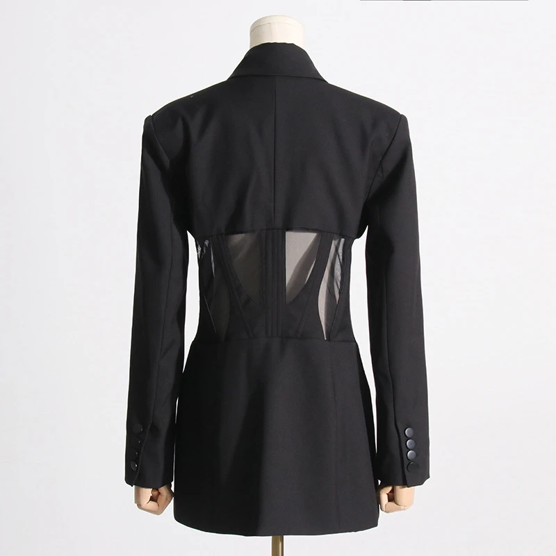 20233 Autumn New French Suit Commuter Casual Fishbone Waist Mesh Splice Slim Fit Perspective Suit Black Coat Women's clothing