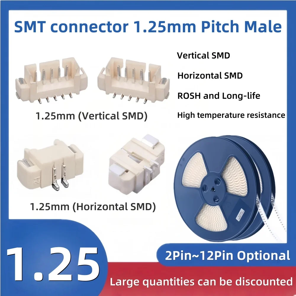 20pcs Jst Pitch 1.25mm Male Pin Header Socket Vertical Smd Horizontal Smd 2/3/4/5/6/6/7/8/9/10/11/12 Pin Smt Connector