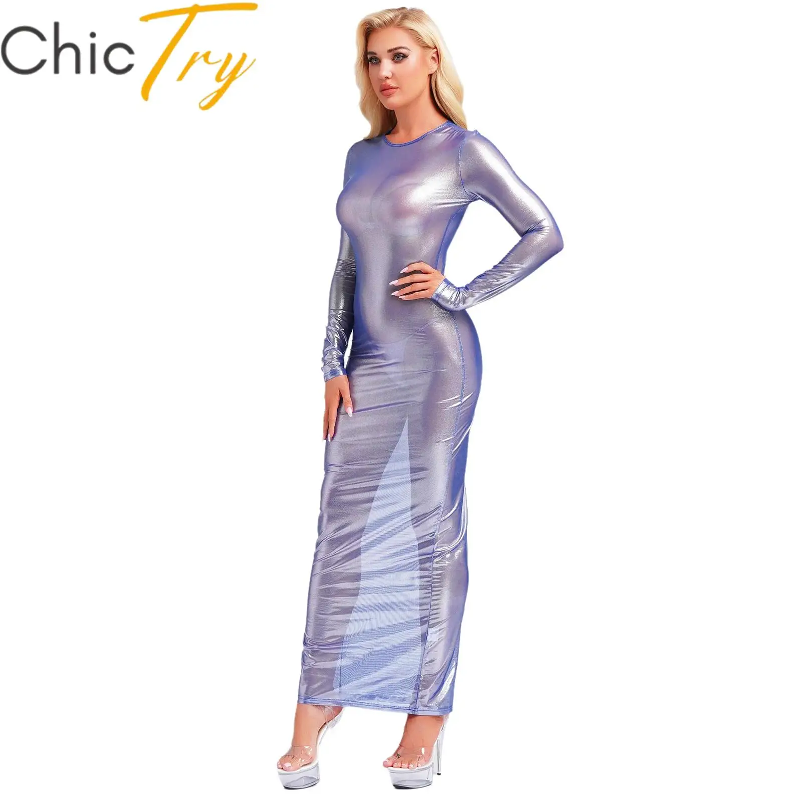 섹시한 시스루 긴 맥시 비치 드레스 여성 메탈릭 광택 풀 슬리브 솔리드 컬러 메쉬 여성 나이트 파티 Clubwear 의상