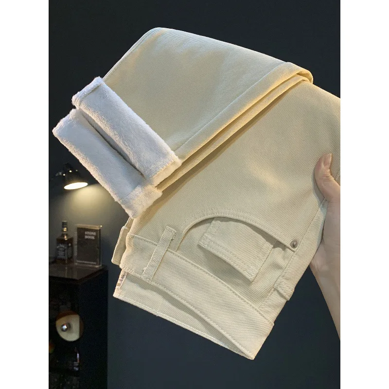 

Fleece-Lined Thickened Jeans Men Winter Trendy New Small Straight Leg Stretch Warm Thick Casual High-End Men's Pants