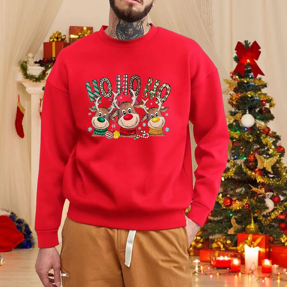 

Christmas Elk Print Men's Hoodie Autumn Winter Casual O-neck Sweatshirts Fashion Loose Red Pullover New Year Gift X'mas Clothes