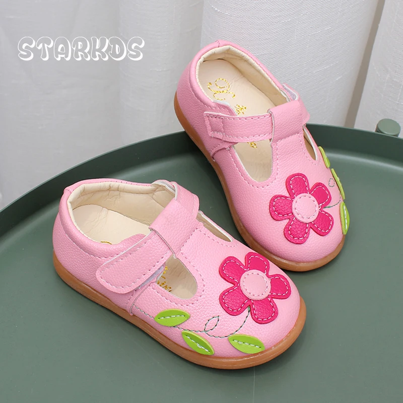 Babi T-Strap Leather Ballet Flats Girls Flower Patch Mary Jane Shoes Toddler Child Cute Soft Walking Zapatos With Hook & Loop