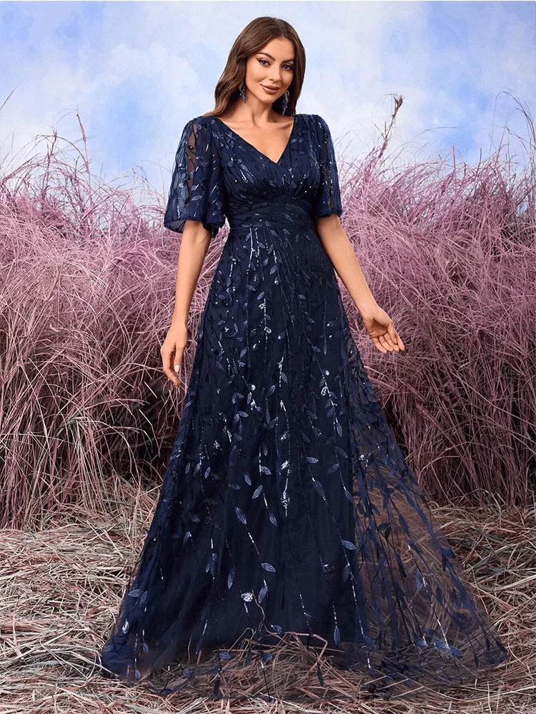 Short-Sleeved Navy Blue Leaf Beaded Embroidery Shiny Floor-Length Evening Dress Short-Sleeved Bridesmaid Luxury Prom Gown