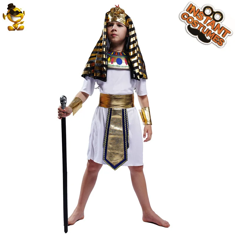 Funny Little Boy Pharaoh Costume Headdress Robe Necklace Wrist Guards Belt Role-Playing Costume Party Halloween Cosplay Props
