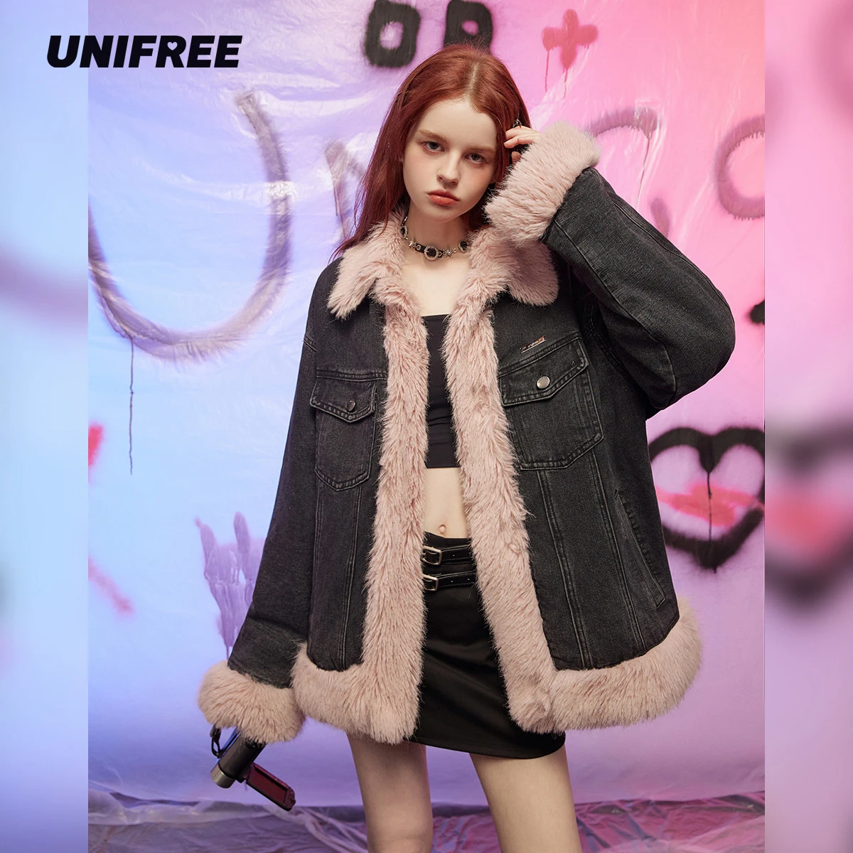 

UNIFREE Faux Fur Denim Cotton Jackets for Women Thicken Warm Pockets Spliced Fashion Vintage Jacket 2023 Winter