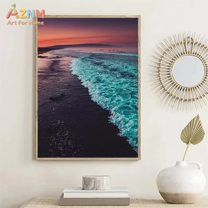 AZNM Tropical Beach Ocean Scenery Canvas Wall Art Palm Tree Starfish Conch Seaside Sunset Print Unframed Canvas Painting for Liv