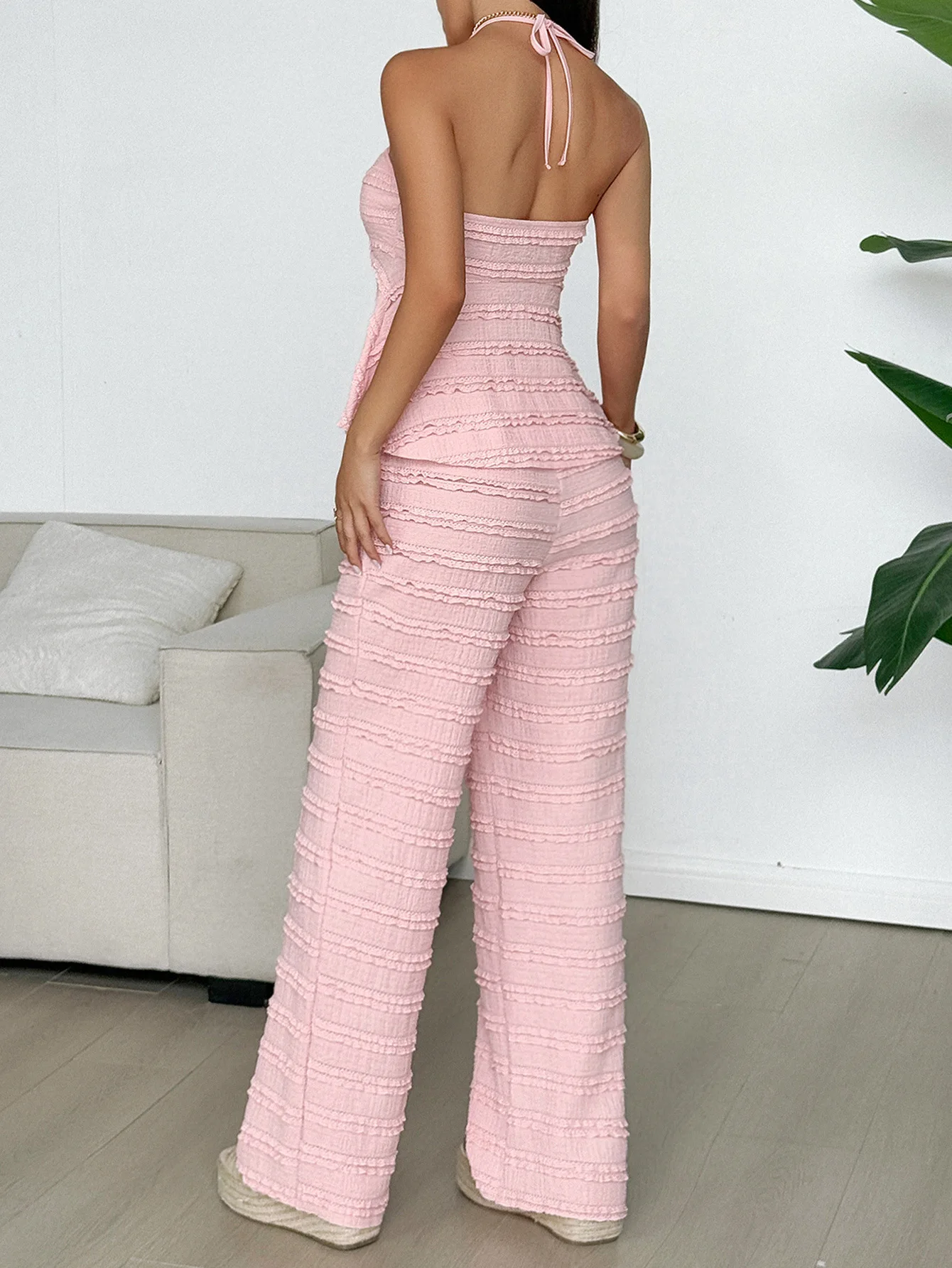 

Two Piece Set Women Outfit 2025 Summer Solid Color Casual Minimalist Halter Backless Top & High Waist Straight Leg Pants Set