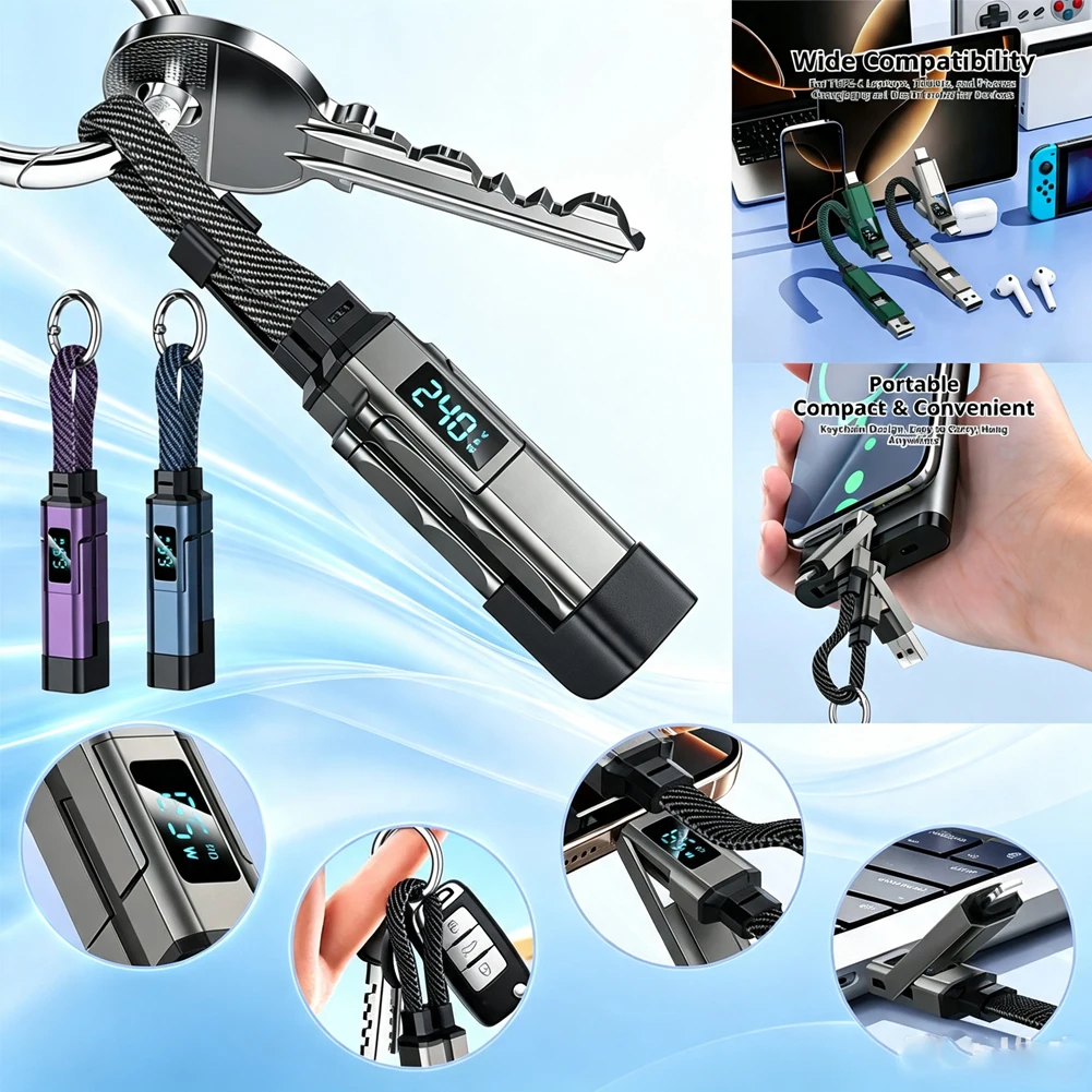 In Stock 4 in 1 65W/* Keychain Charging Cable USB C Cable with V/A/W Display Type C for Portable Cord for Laptop Mobile Phone
