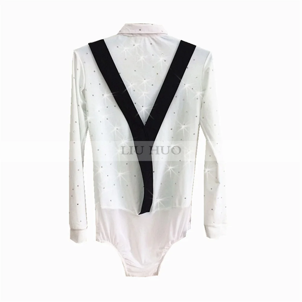 Figure Skating Top Men Boy Ice Shirt White Spandex Rhinestone Costume High Elasticity Performance Wear Handmade Solid Leotard